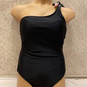 Kona Sol Black One-Shoulder Swimsuit with Floral Tie